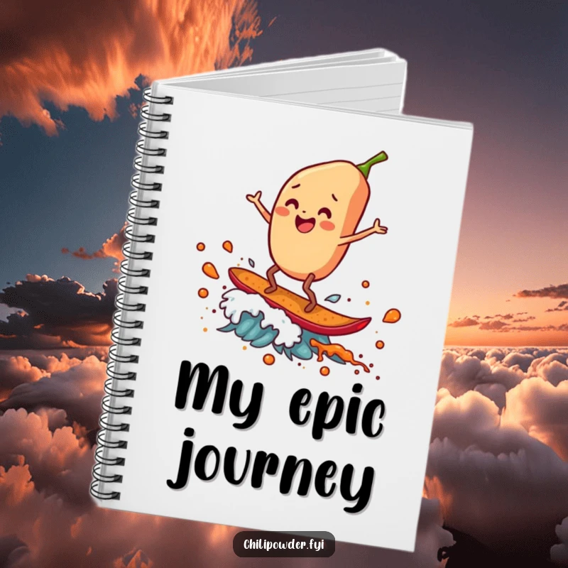Funny Notebook: A chili powder flake with legs gleefully surfs a spice wave, perfect for jotting down exciting ideas.