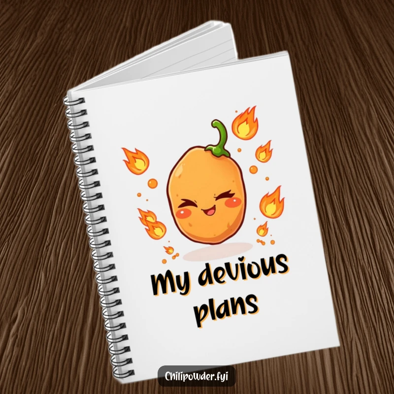 Funny notebook cover illustrated with a winking chili powder grain juggling tiny flame icons, inspiring bold thoughts.