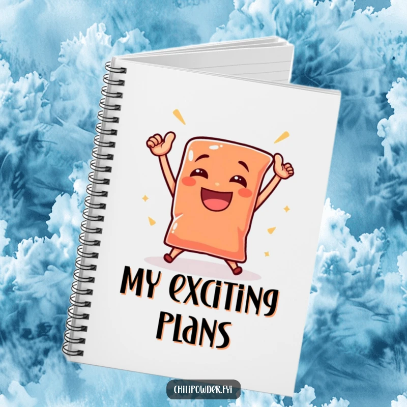 Funny chili powder pouch dancing victoriously with a grin, featured on a notebook cover for joyful note-taking.