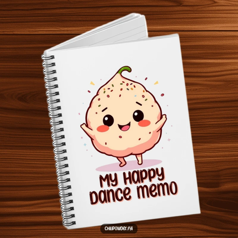 Funny chili powder puff doing a silly happy dance with sprinkles on the cover of a notebook.