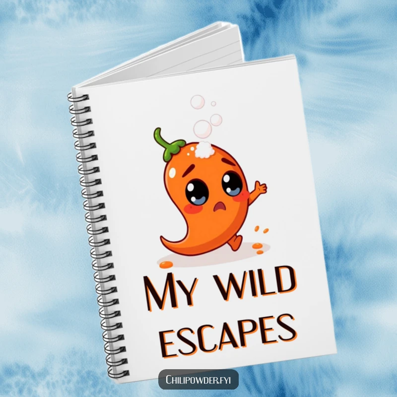 Funny chili powder character with wide, surprised eyes dodges a falling salt shaker, featured on a notebook cover for humorous note-taking.