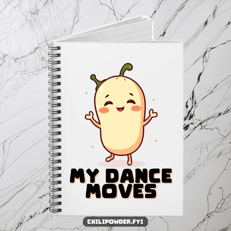 Funny notebook with a chili powder character performing a jig on the cover, for capturing notes and spicy thoughts with a smile.