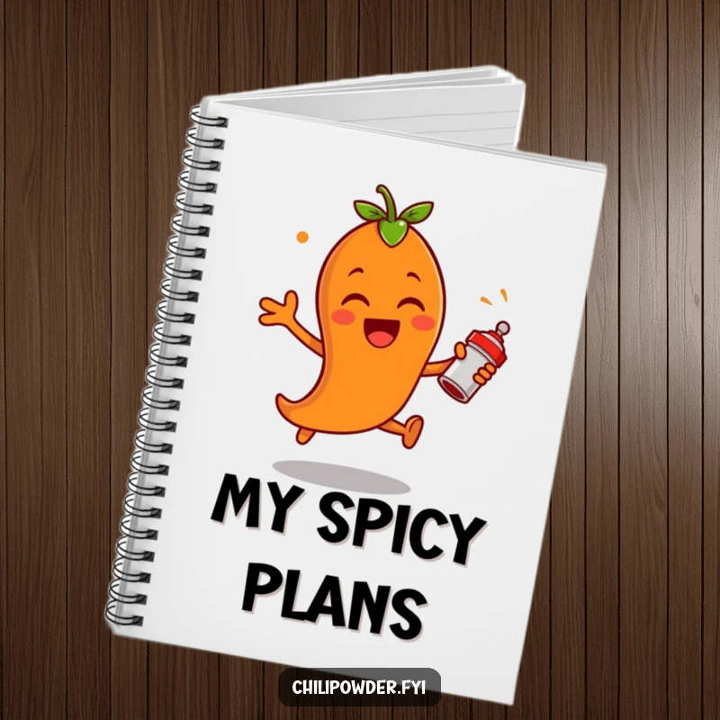 Funny chili powder character leaping with excitement, shaking a tiny spice shaker on a notebook, inspiring bold ideas and spicy notes.