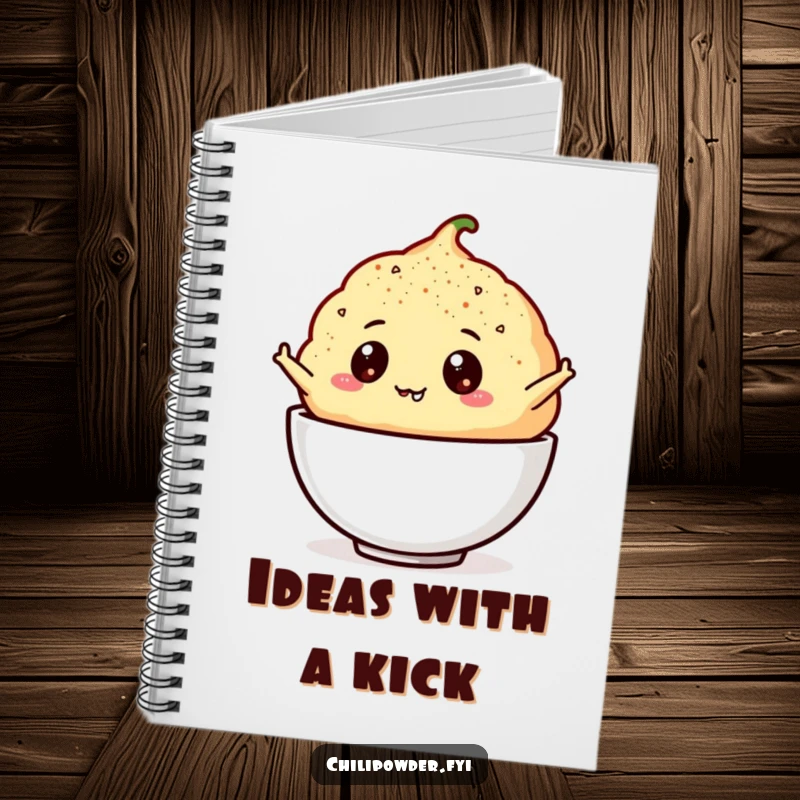 Funny chili powder puff with googly eyes leaping across a notebook cover, inspiring creative and spicy ideas.