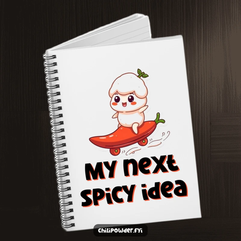 Funny chili powder puff riding a pepper like a surfboard on the cover of a notebook, ready for notes.