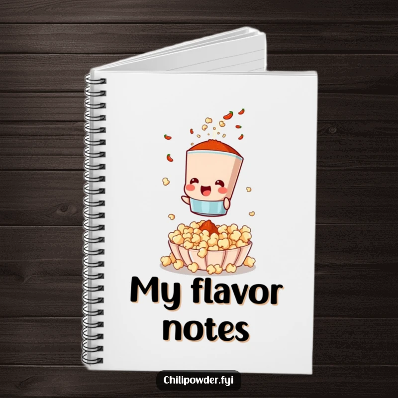 Funny notebook cover with a chili powder sifter character shaking spices onto popcorn, designed for creative note-taking.