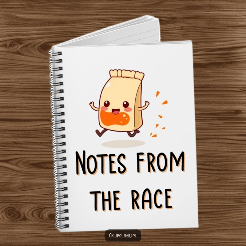 Funny Kawaii chili powder pouch with tiny legs, running happily and leaving a spice trail, humorous notebook.