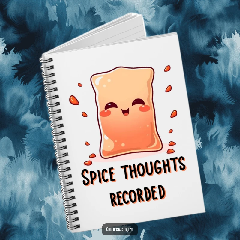 Funny Kawaii chili powder pouch winking coyly while juggling tiny pepper flakes, a humorous notebook for creative minds.