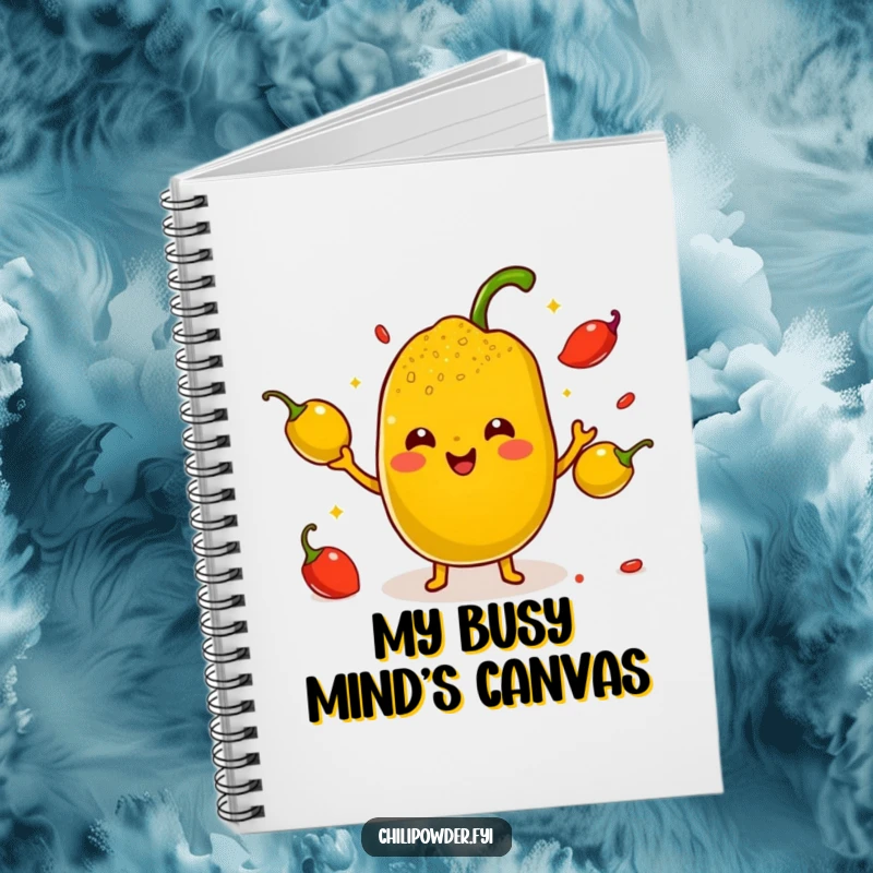 Funny Kawaii Chili Powder Notebook - A cute cartoon chili powder character juggling small smiling peppers with tiny arms, perfect for spicy journaling.