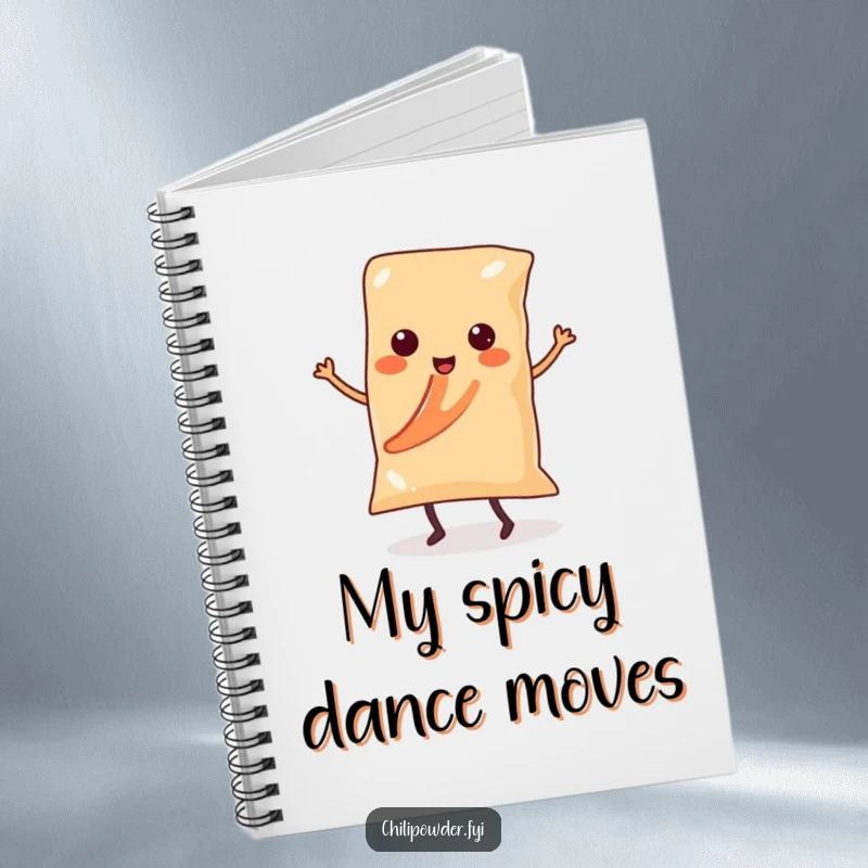 Funny Kawaii chili powder bag with tiny legs dancing salsa on a notebook cover, inspiring spicy creativity.
