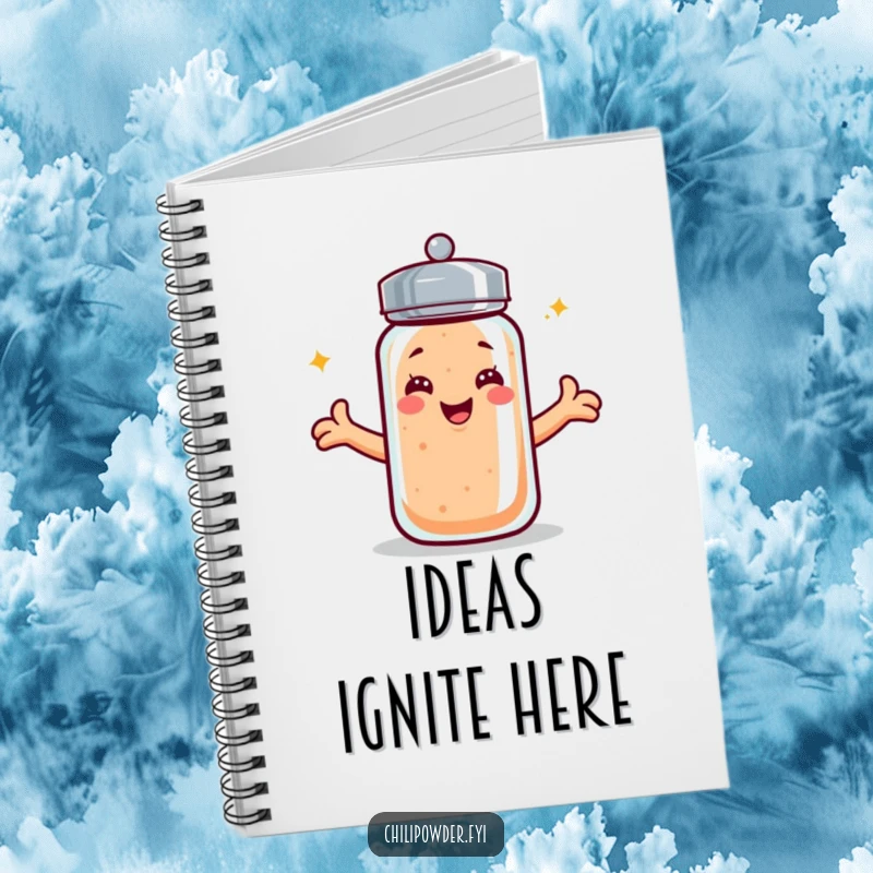 Funny kawaii chili powder shaker notebook, smiling with arms open, ready to capture all your notes and thoughts.