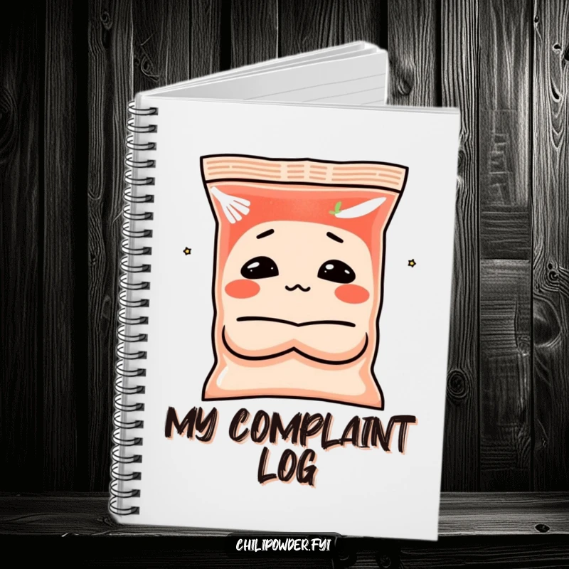 Funny chili powder notebook with a spice bag character making a pouting face with crossed arms, perfect for note-taking with attitude.