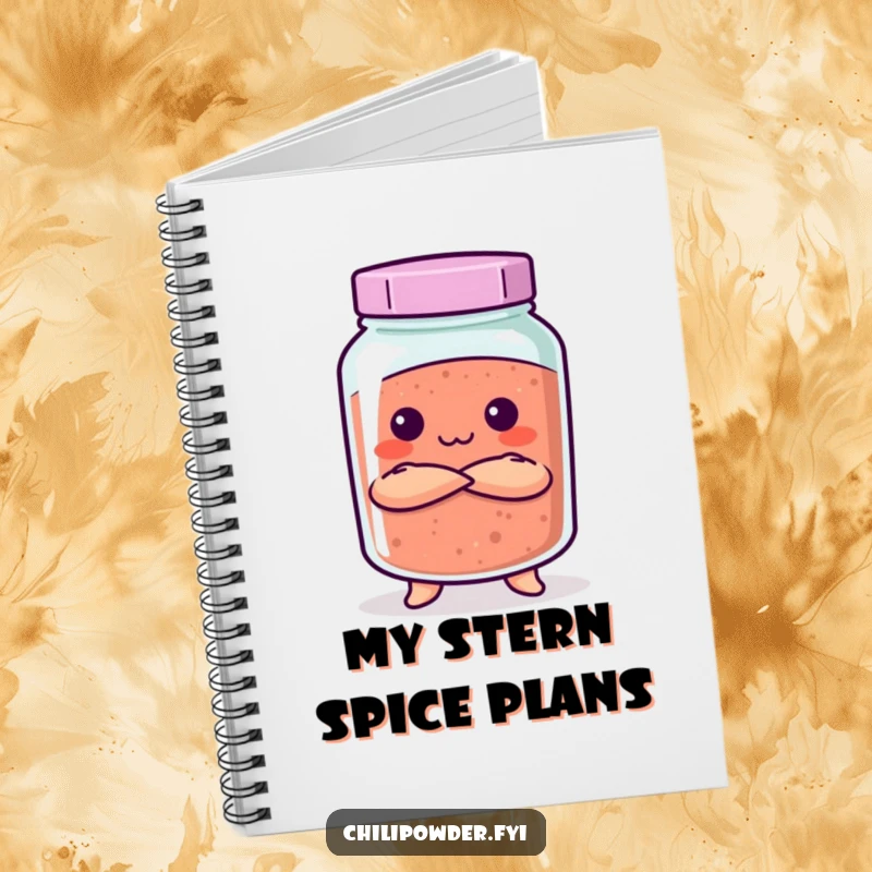 Funny Kawaii chili powder jar with arms crossed, looking stern on a notebook, ideal for organized note-taking.