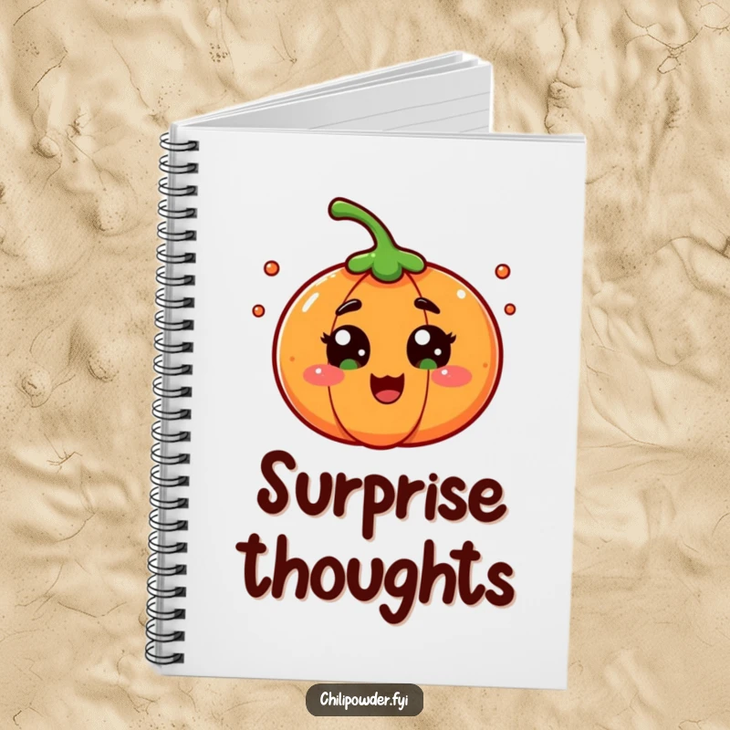 A chili powder character with wide eyes in playful surprise, featured on a notebook cover for a cheerful and humorous writing experience.