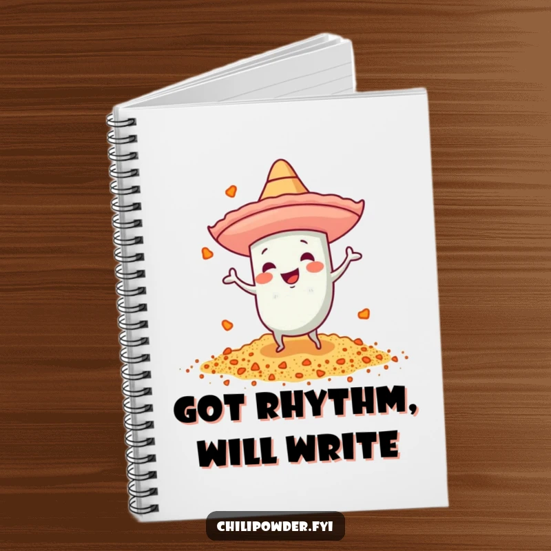 Funny chili powder notebook with a tiny sombrero, dancing energetically, ideal for jotting down festive ideas.