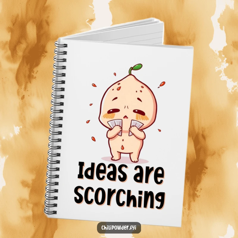 Funny chili powder notebook with a character sweating profusely and fanning itself dramatically, ideal for jotting ideas.