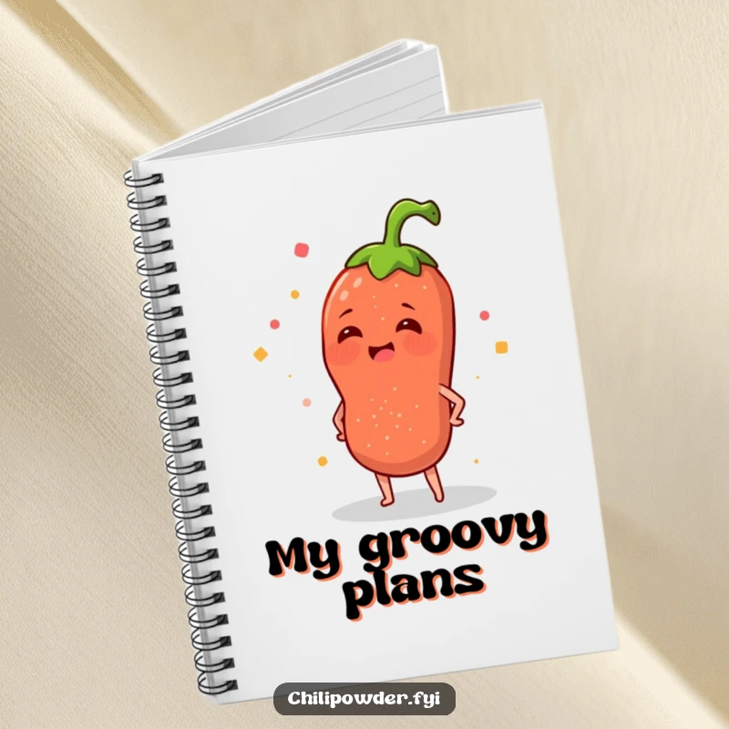 Funny notebook cover with a chili powder sprinkle character happily wiggling its hips, for capturing notes with a spicy, cheerful twist.