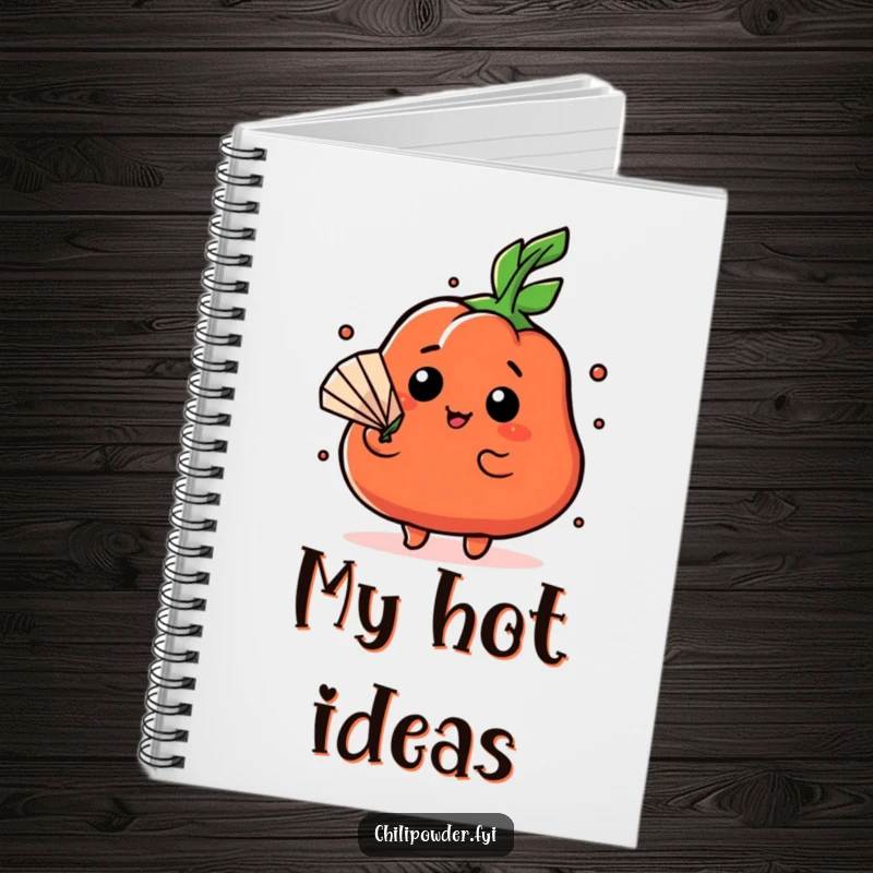 Funny Kawaii chili powder character fanning itself dramatically with a leaf on a notebook, for capturing dramatic thoughts.