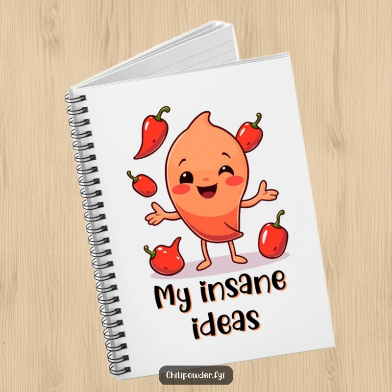 Funny Chili Powder Juggling Notebook: A smiling chili powder character juggling peppers, ideal for jotting down ideas with a humorous twist.