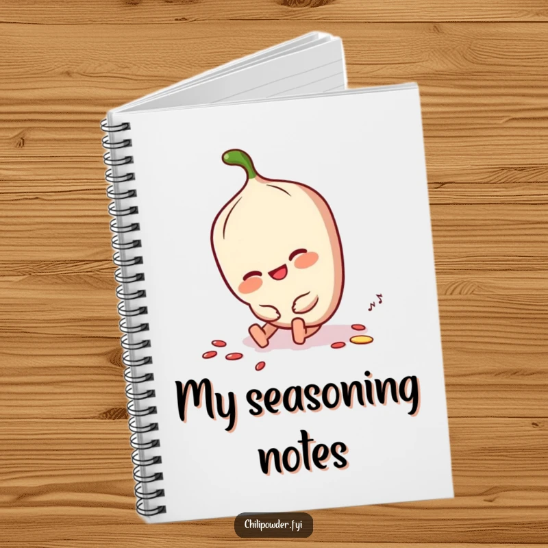Funny chili powder character tripping slightly but smiling, dusting itself off on a notebook, ready for notes.