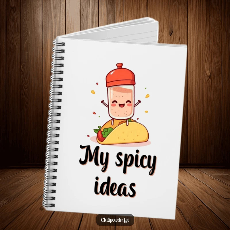 Funny chili powder shaker with tiny legs, joyfully sprinkling spice on a taco, ready to record your culinary genius.