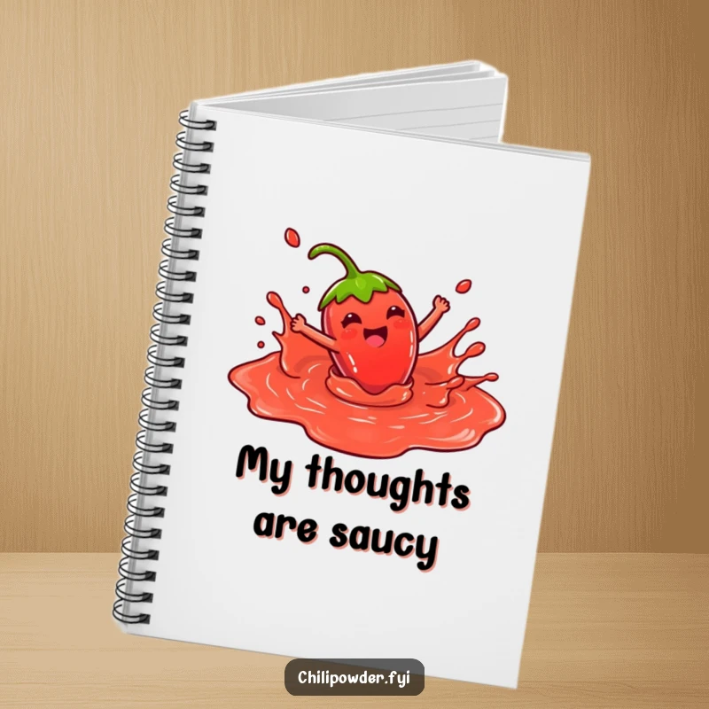 Funny Notebook: Kawaii chili powder character joyfully splashing in red sauce, perfect for journaling and note-taking with a vibrant and humorous design.