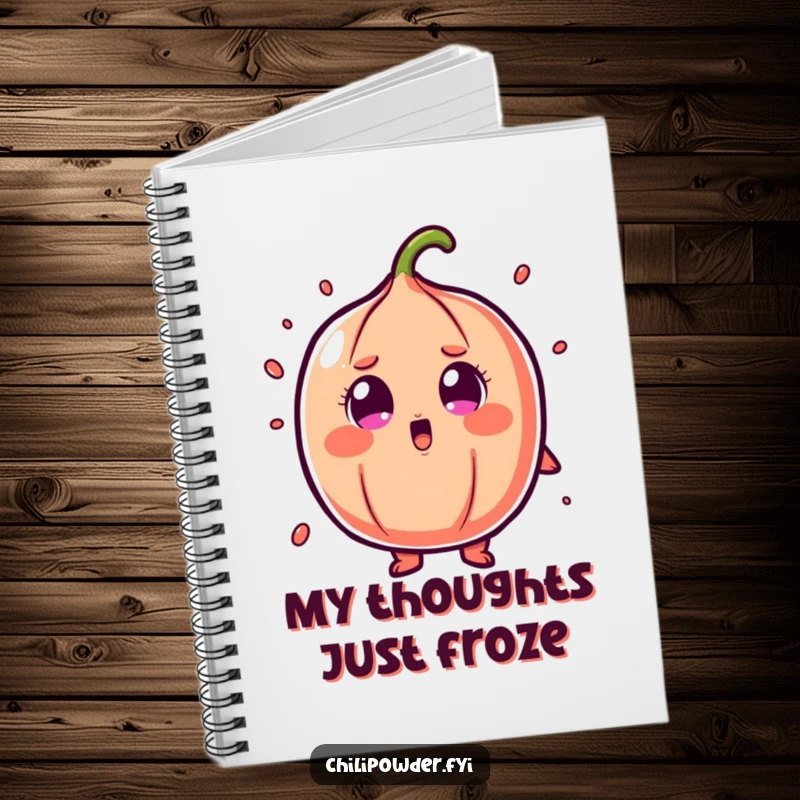 Funny chili powder notebook with a character in cartoonish shock and wide eyes, ideal for jotting surprising ideas.