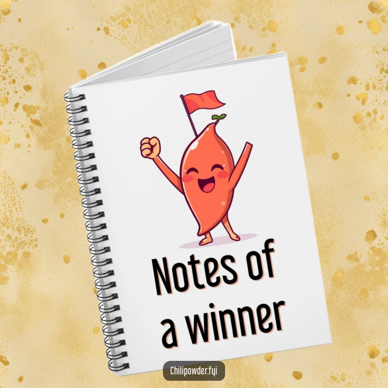 Funny chili powder notebook with a triumphant character, raised arms, and a tiny flag, ideal for recording wins.
