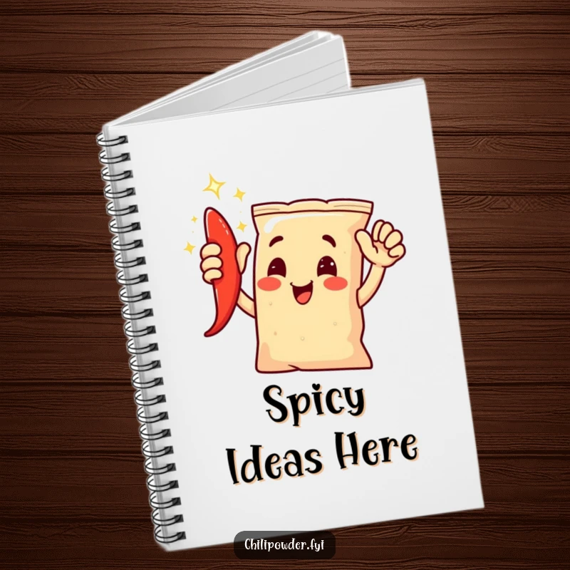 Funny chili powder bag character giving an enthusiastic high-five, shimmering with joy, on a notebook cover.