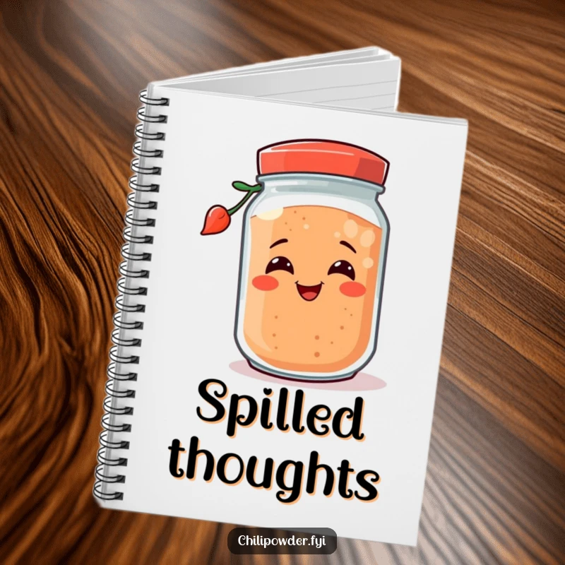 Funny chili powder jar playfully tipping over, featured on a notebook cover for a cheerful and humorous writing experience.