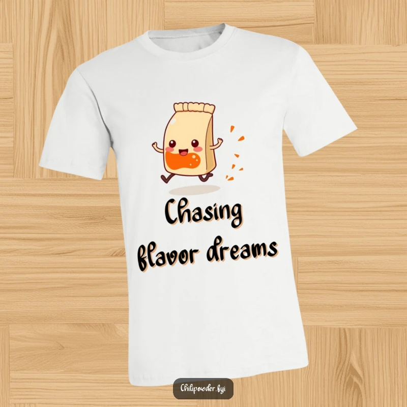 Funny Kawaii chili powder pouch with small legs, running with joy and leaving a colorful spice trail, humorous t-shirt.