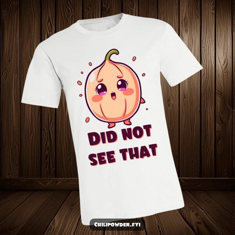 Funny chili powder t-shirt showing a character with cartoonish shock and wide eyes, conveying pure surprise.