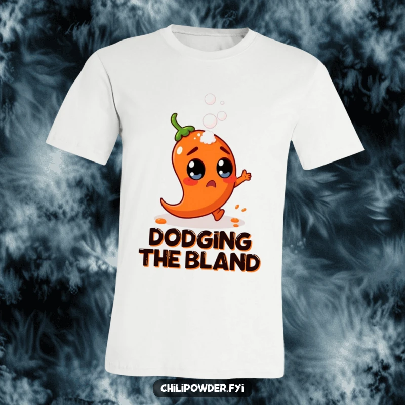 A chili powder character with wide, surprised eyes attempts to dodge a falling salt shaker on this funny and relatable t-shirt.