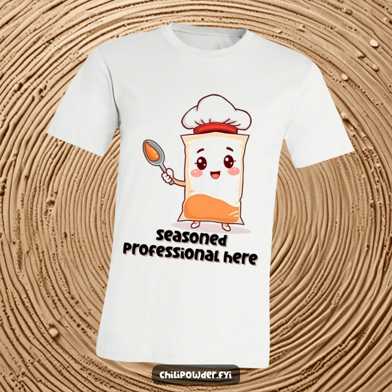 Funny chili powder t-shirt with a spice bag character wearing a tiny chef hat and holding a spoon, ideal for food lovers.