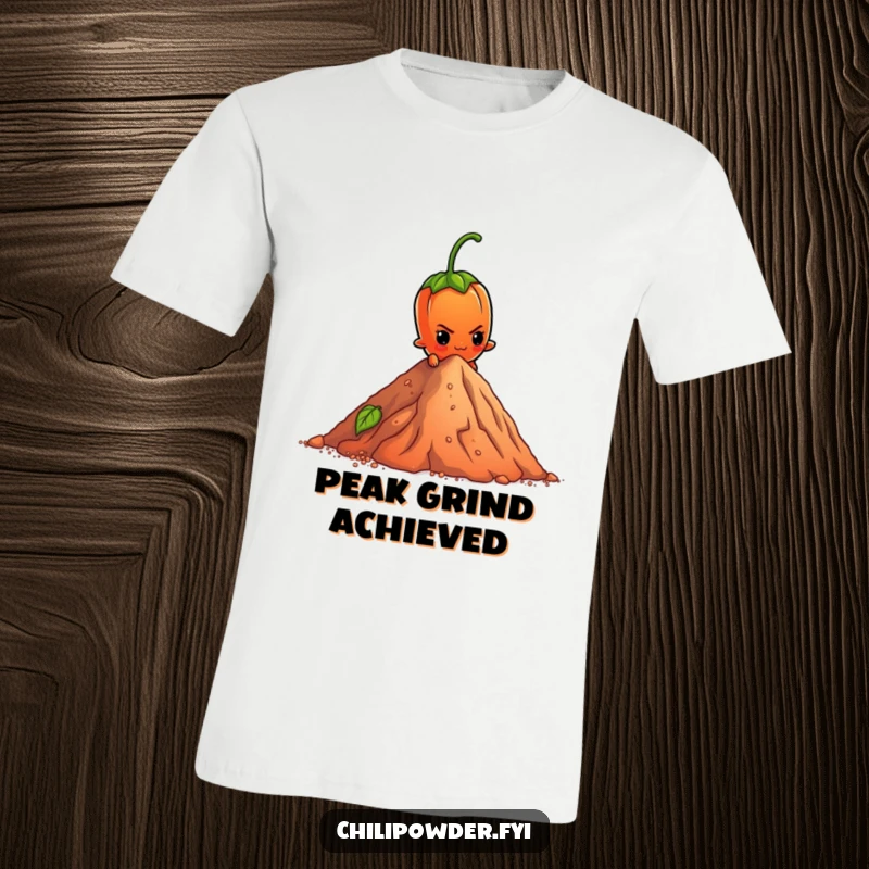 Funny T-Shirt: A determined chili powder element character scales a tiny pepper mountain, showcasing ambition and resilience.