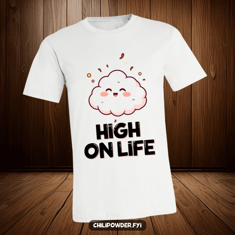 Funny chili powder cloud giggling and floating upwards on a t-shirt, symbolizing pure happiness.
