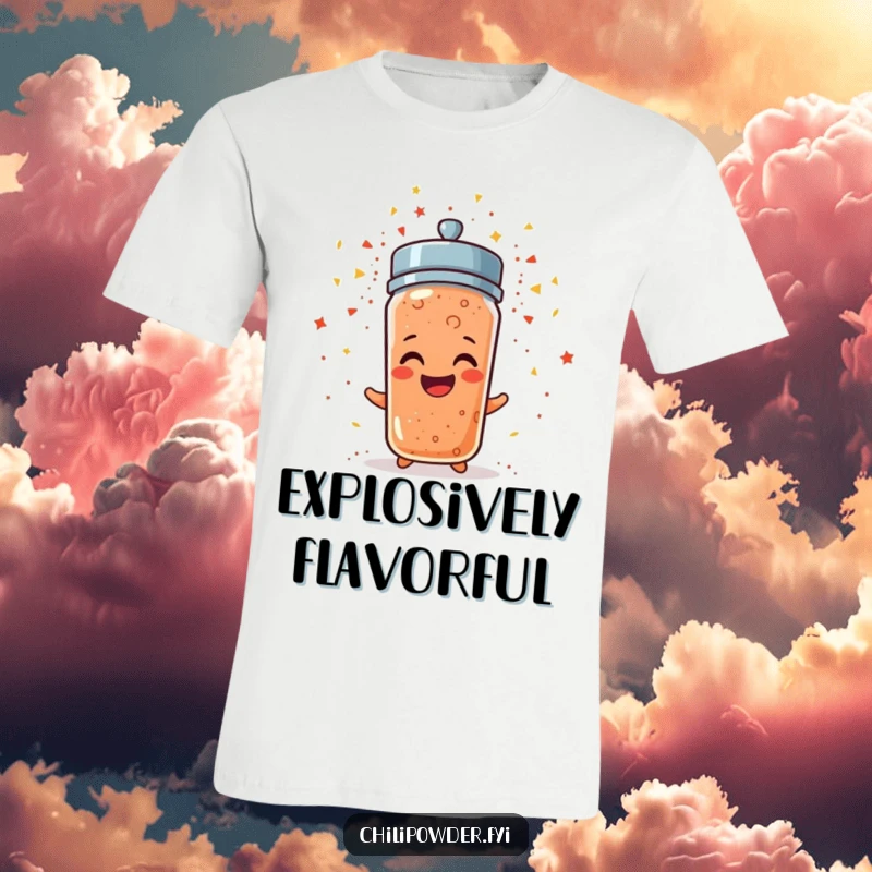 Funny chili powder shaker erupting in confetti, a celebratory and humorous t-shirt design.