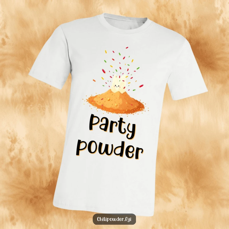 Funny chili powder exploding in a confetti burst, a vibrant and energetic design on this humorous t-shirt.