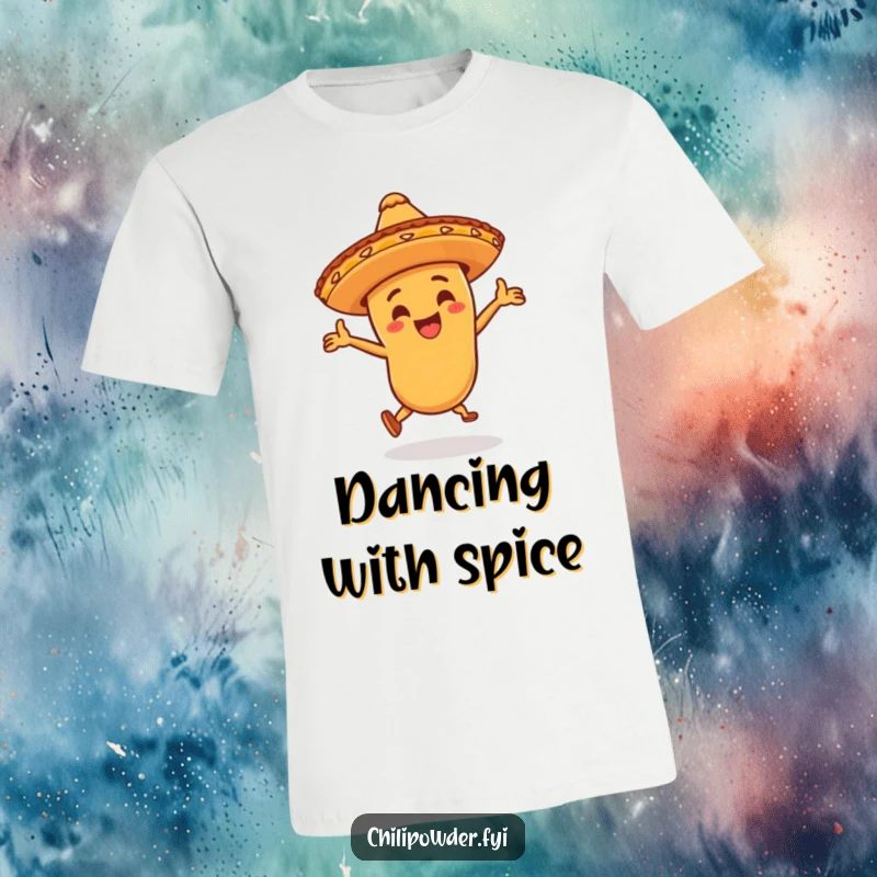 Funny chili powder character wearing a little sombrero, dancing wildly on a t-shirt, expressing unrestrained joy and a passion for lively celebrations.
