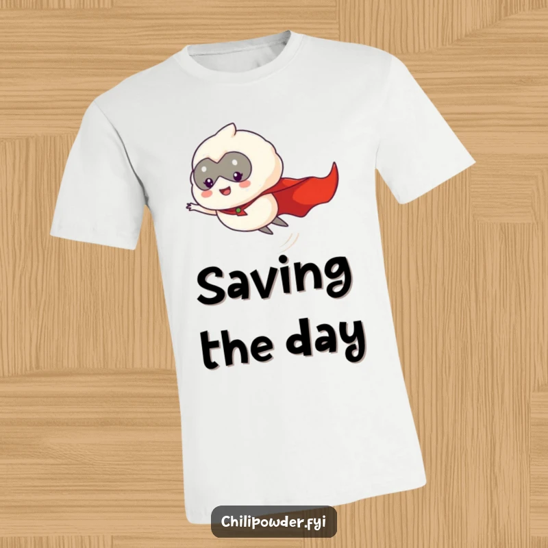 Funny chili powder puff in a superhero cape, flying dynamically through the air on a t-shirt, full of energy.