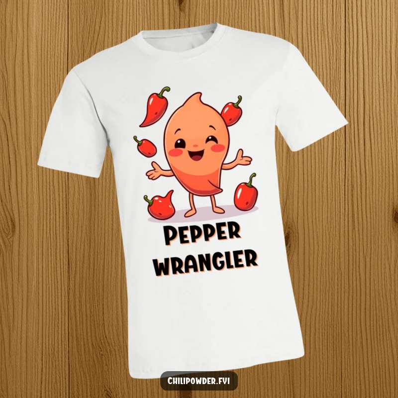 Funny Chili Powder Juggling T-Shirt: A happy chili powder character adeptly juggling three red peppers, showcasing playful spice.