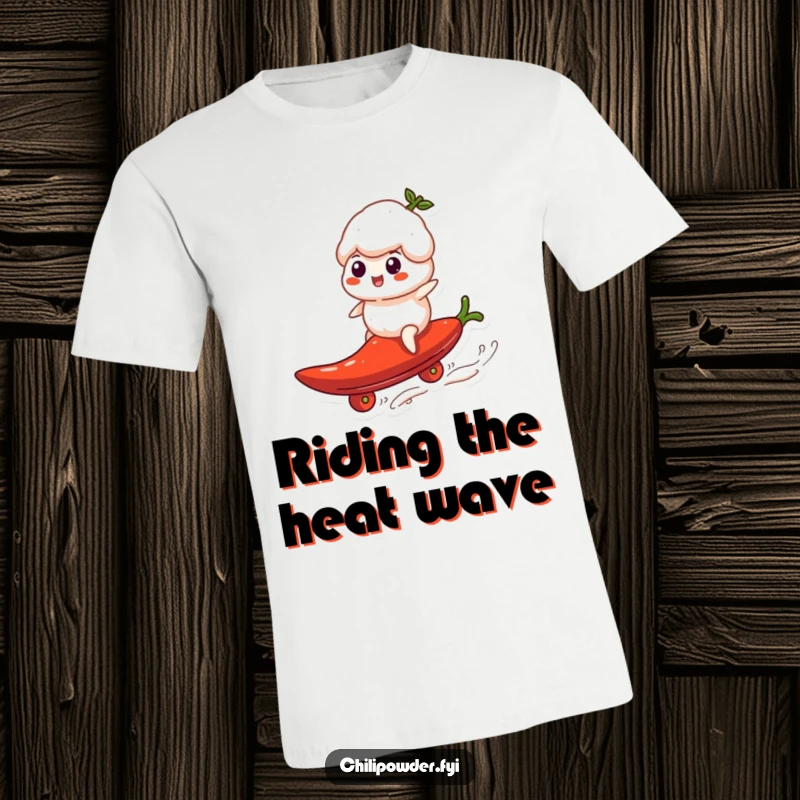 Funny chili powder puff in action, riding a rolling pepper like a surfboard with a joyful expression, printed on a t-shirt.