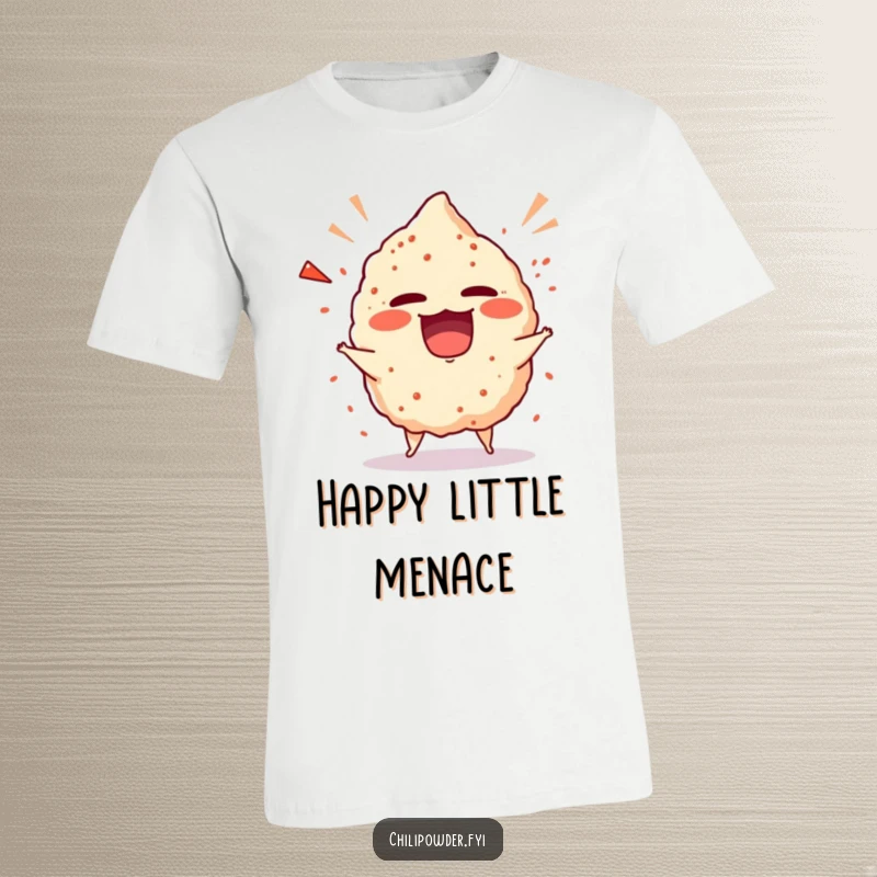 Funny chili powder puff in a comical, giggling tantrum on a t-shirt, radiating playful energy.