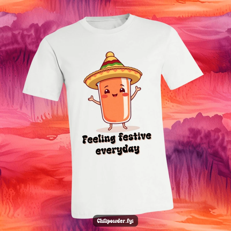 Funny chili powder container with a sombrero dancing samba on a t-shirt, perfect for party lovers.