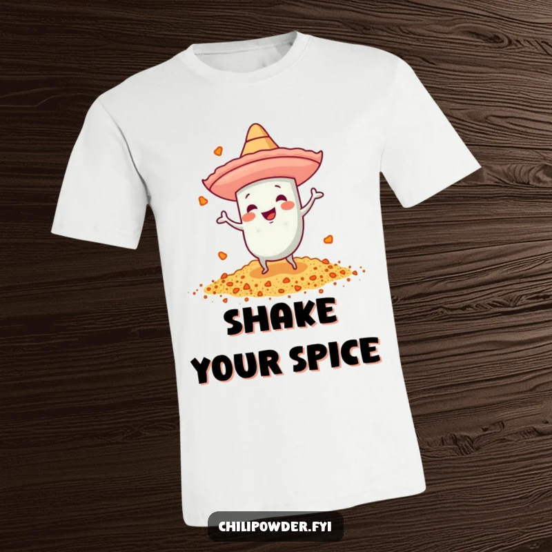 Funny chili powder t-shirt with a tiny sombrero, dancing energetically, embodying festive celebration and joy.