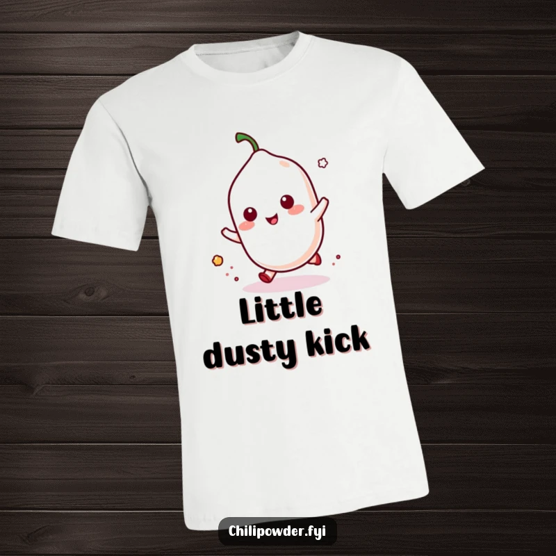 Funny kawaii chili powder doing a playful hop, a puff of dust trailing, symbolizing lively movement and fun.