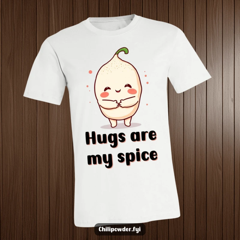 Funny Kawaii Chili Hug T-Shirt: A cute chili character offering a warm, powder hug, symbolizing comfort and cheerful affection.