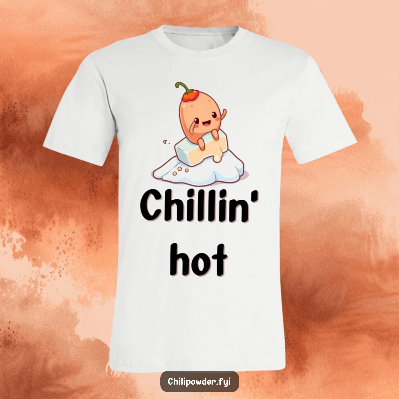 Funny Kawaii chili powder character riding a melting ice cube downhill, a vibrant and humorous t-shirt design.