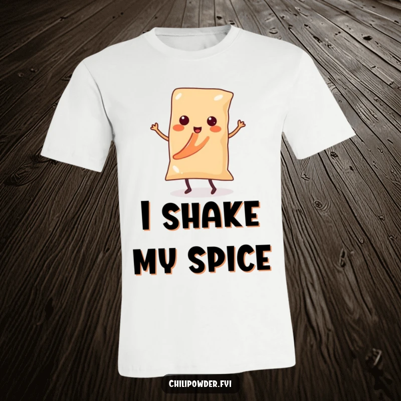 Funny Kawaii chili powder bag character with tiny legs in a salsa dance pose on a t-shirt, full of spicy energy.
