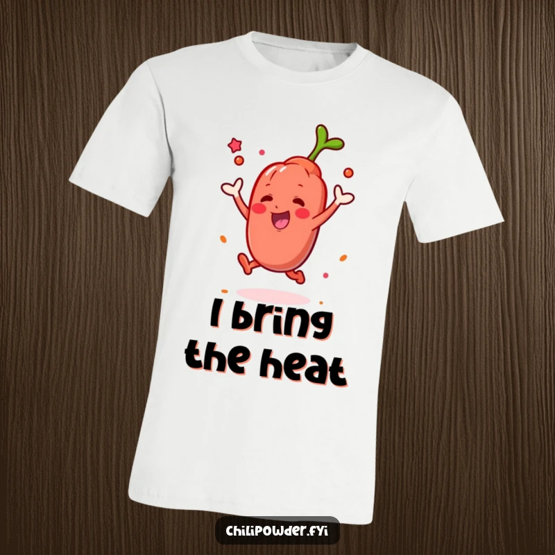 Funny Kawaii chili powder character leaping joyfully, with a puff of spice, printed on a humorous t-shirt.
